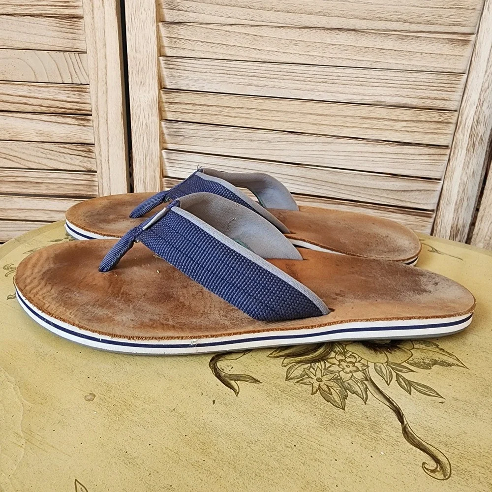 Hari Mari Sz 12 Brown Leather Blue Textile Flip Flop Sandals Casual Resort Vacay